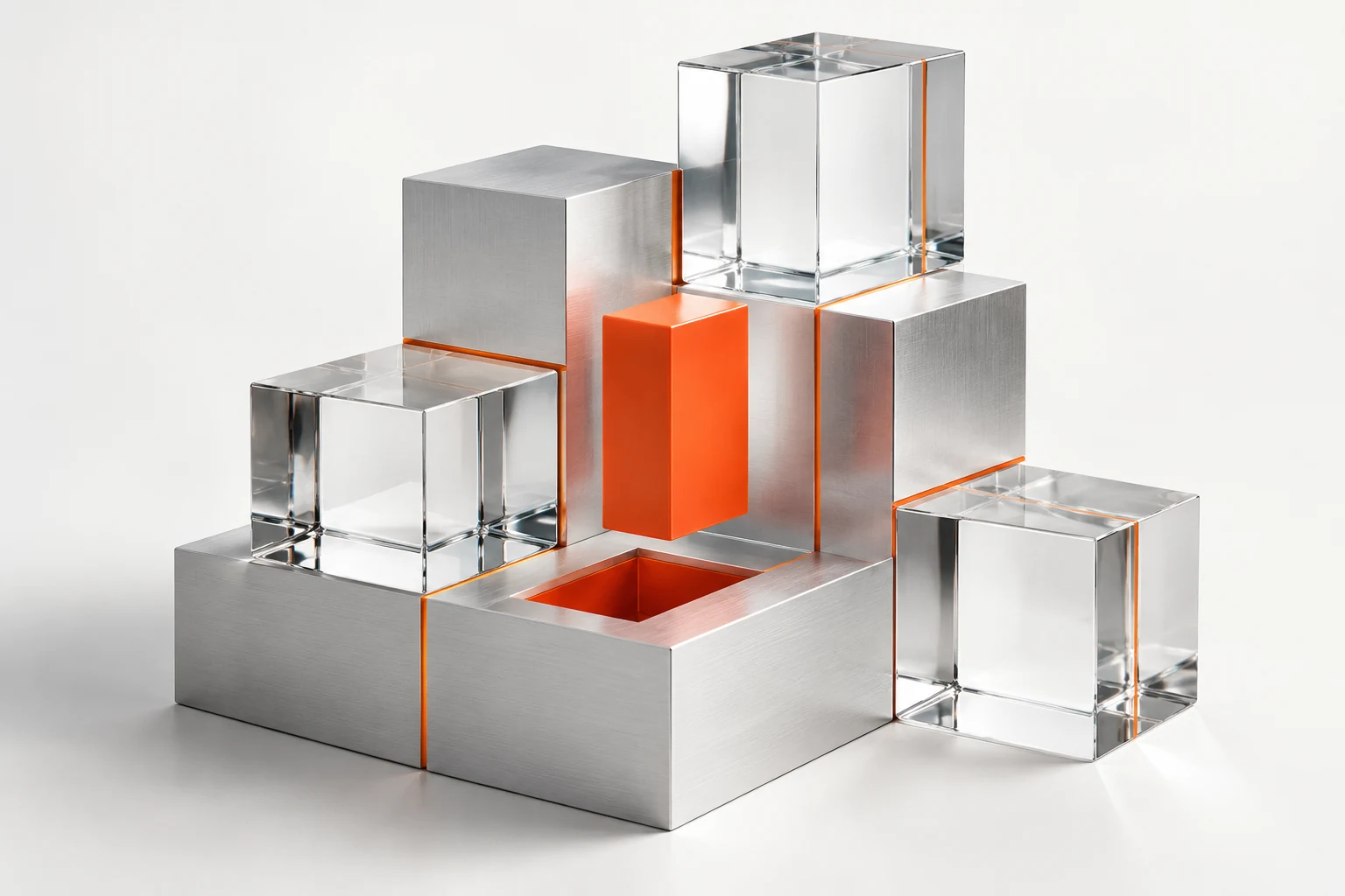 A bespoke arrangement of precision glass and aluminium modules, with an orange component fitting into place