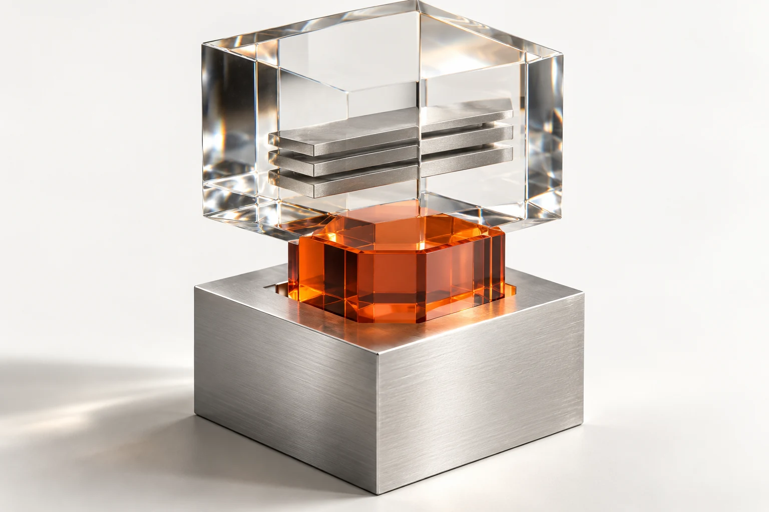 Optical glass and machined aluminium components meet through an orange interface